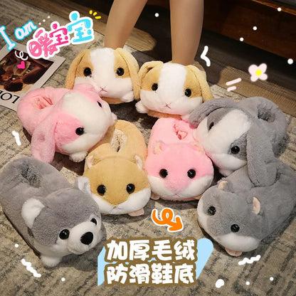 Winter Funny Slippers Women Cute Rabbit Husky Shoes Indoor Home Warm Plush Soft Sole Girl Cartoon Hamster Flurry Winter Footwear