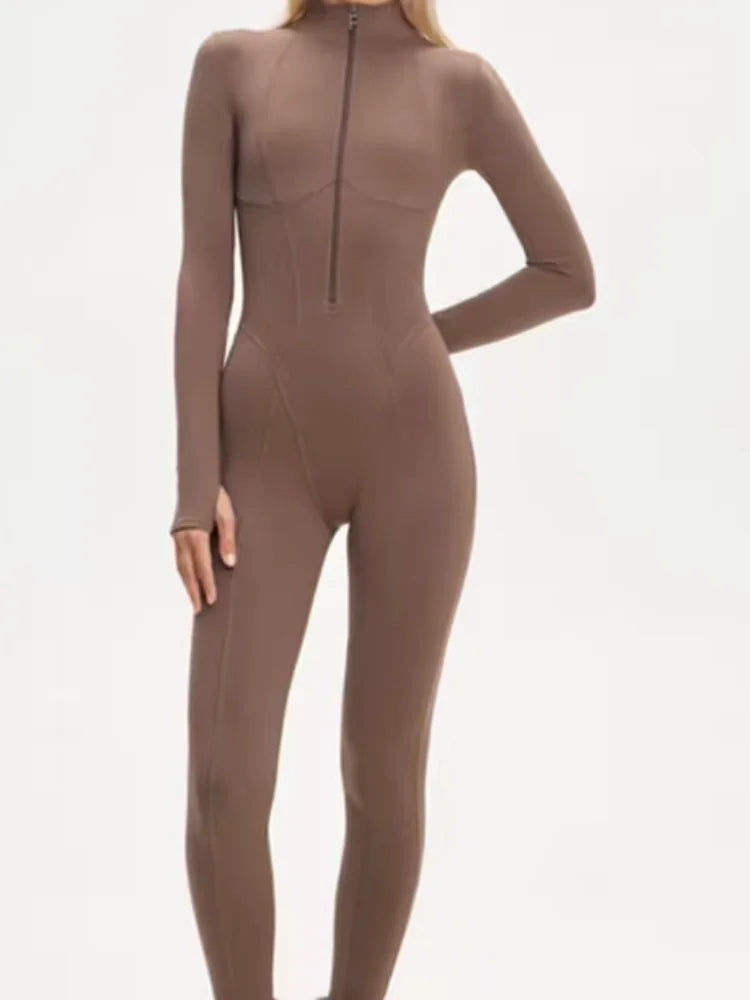 Chic Black Stand Collar Skiwear Women Cause Full Sleeve Waist Cinching High Waist Slim Jumpsuit 2026 Lady Winter Warm Outfit New