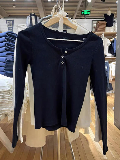 Retro White Ribbed Button T-shirts Women Spring Cotton Round Neck Long Sleeve Tees Female Y2k Streetwear Casual T Shirt Tops