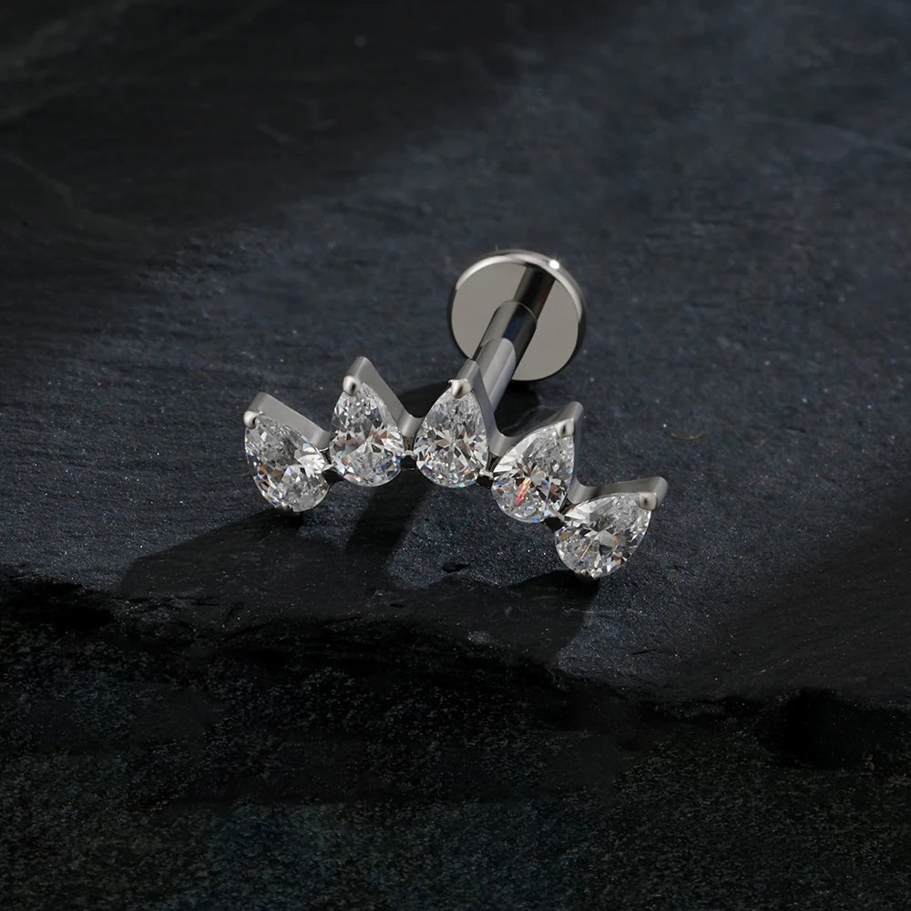Right Grand ASTM F136 Titanium 5-Pear CZ Crown Cartilage Earring 16G Flat Back Stud Helix Tragus Labret Nose Piercing Jewelry