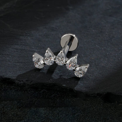 Right Grand ASTM F136 Titanium 5-Pear CZ Crown Cartilage Earring 16G Flat Back Stud Helix Tragus Labret Nose Piercing Jewelry
