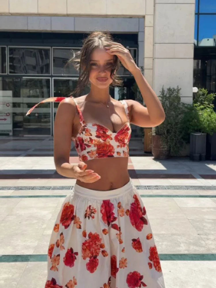 Elegant Floral Two Piece Set Sweetheart Crop Bustier High Waist Flowy A Line Midi Skirt Women Summer Daily Vacation Party Outfit