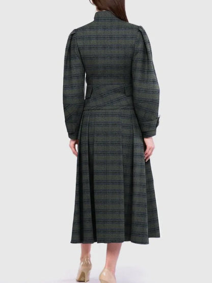 Women Vintage Plaid Office Party 2 Piece Sets Stand Collar Double Breasted Bubble Sleeves Jacket & High Waisted Midi Skirt Suits