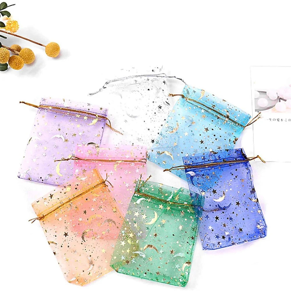50/100pcs Multiple-sizes Printing Star Moon Organza Sack Drawstring Charm for Jewelry Gifts Display Packaging Bags