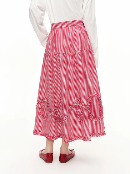 DUSHU Plaid Ruffled Hem Red Skirt Women 2026 Summer Relaxed Holiday Korean Style Loose-fitting Midi Skirt Age-reducing Citywalk