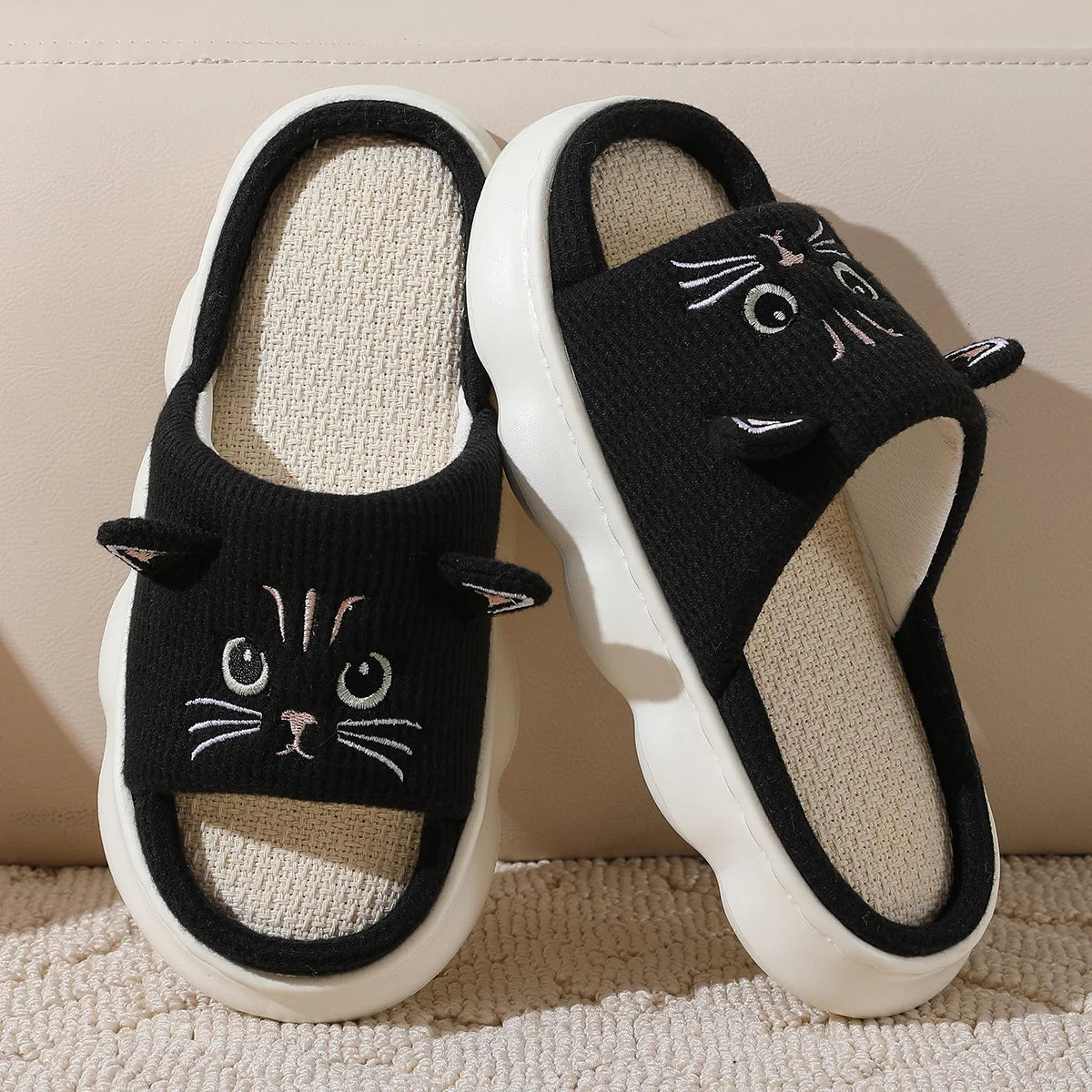 Kidmi Cute Kitty Women Slippers Fashion Breathable Indoor House Slippers Sweat-absorbing Linen Antiskid Slippers Casual Slippers