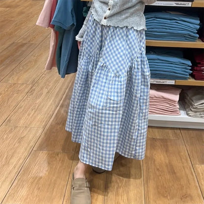 Women's Gingham Panel Long Skirt