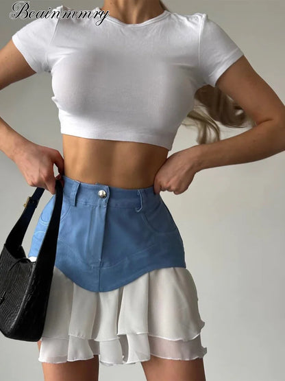 Women Denim Patchwork Mini Skirt High Waist Ruffled Chiffon Layered Skirt Y2k A‑line Short Skirt Streetwear Party Club Outfits