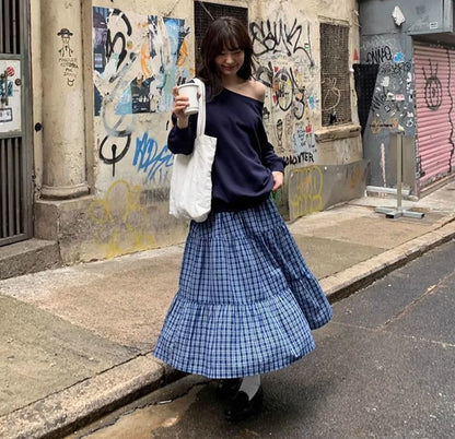 Women Vintage Blue Plaid Tiered Long Skirt High Waist Loose Pleated Maxi Skirt Casual A Line Flowy Ruffled Hem Midi Skirt Street