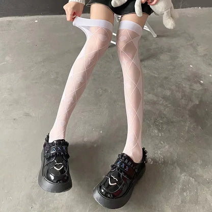 Sweet Lolita Leggings Japanese Girl's Bow Cross Tie White High Stockings JK Love Poker Women's Ultrathin Black Sexy Knee Socks