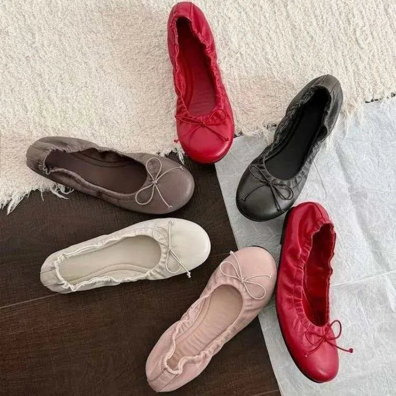 2026 Elegant Retro Red Bowknot Ballet Shoes for Women Soft Flat Loafers for Women's All Match Commuting Footwear Zapatos Mujer
