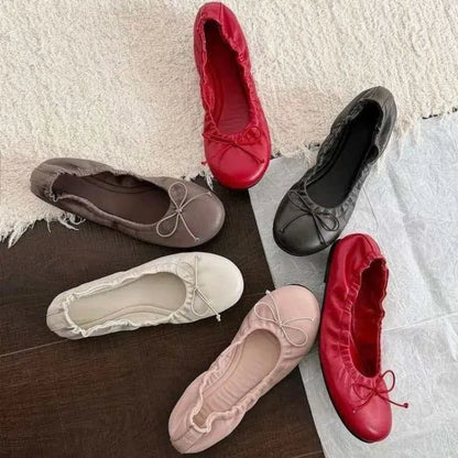 2026 Elegant Retro Red Bowknot Ballet Shoes for Women Soft Flat Loafers for Women's All Match Commuting Footwear Zapatos Mujer