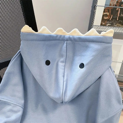 Aesthetic Long Sleeve Fleece Shark Hoodies Drawstring Top Coat Hooded Sweatshirts Casual Loose Shark Hat Sweater School Student
