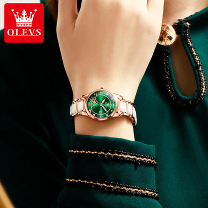 OLEVS Ladies Watch Ceramic Strap Elegant Fashion Luxury Waterproof Luminous Quartz Watch For Women Valentine's Day Present 3606