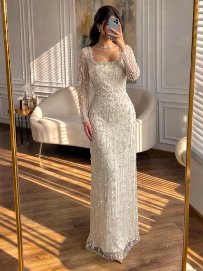 Aileen Elegant European Evening Dress Customized Ivory Tulle STRAIGHT Floor Length With Sequins Evening Dress Robes De