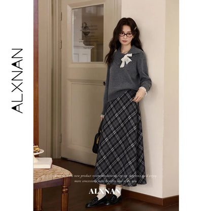 ALXNAN Gray Plaid Skirt Women 2026 Fall Elastic High Waist Long A-line Hem Skirts French Elegant Ladies Clothing DYL662980