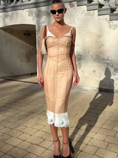Sexy Nude Fishbone V-neck Dress Women Elegant Sleeveless Pleated Slim Waist-cinching Gown 2026 Summer Party Casual Streetwear