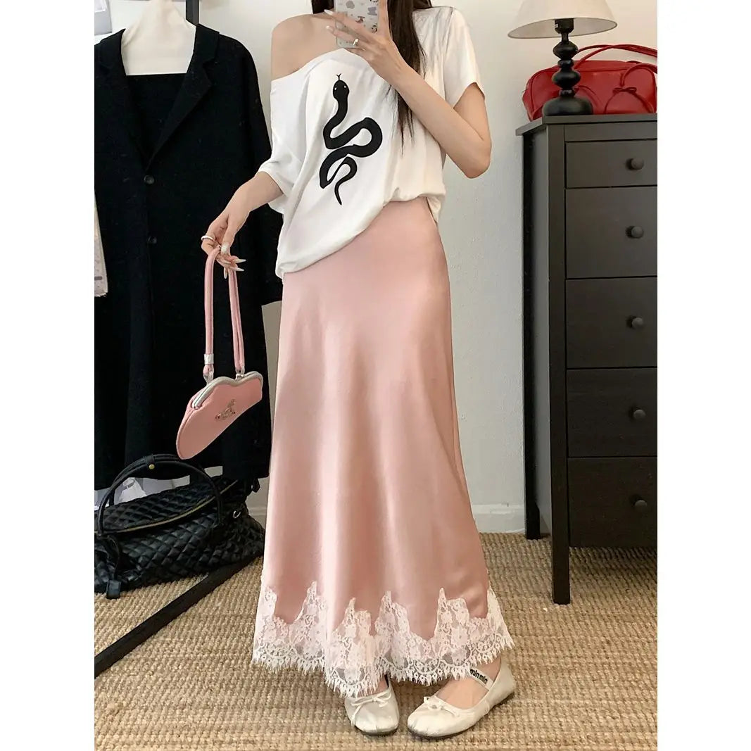 Elegant Long Skirts for Women Summer High Waist Lace Satin Skirt Women's A-line Korean Fashion Solid Color Loose Women's Skirt