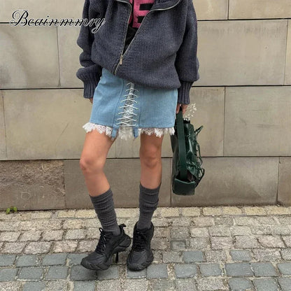 Women Denim Patchwork Mini Skirt High Waist Ruffled Chiffon Layered Skirt Y2k A‑line Short Skirt Streetwear Party Club Outfits