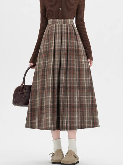 2026 Fall Winter Women‘s Plaid Pleated Midi Skirts High Waist A-Line Flared Swing Skirt Casual College Style