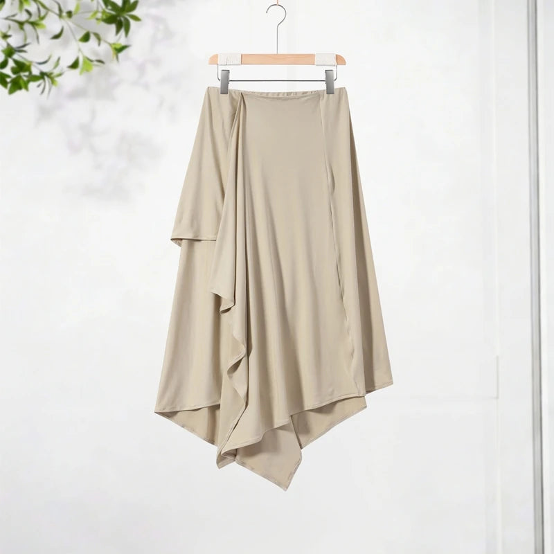 Elegant Irregular Hem Skirt Set Women Short Sleeve Half High Collar Top Loose Long Skirt 2026 Summer Lady New Casual Chic Outfit