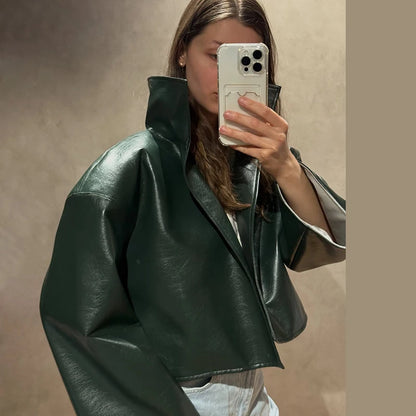 Women Retro Cropped Pu Leather Jacket High Stand Collar Open Front Loose Oversized Long Sleeve Outerwear Street Short Outerwear