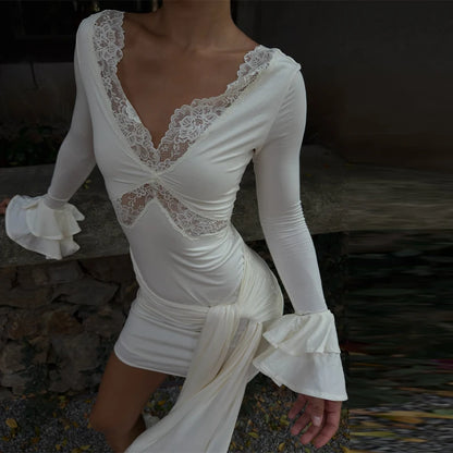 Elegant Lace Patchwork Women's Dress V-Neck Bell-Bottomed Sleeve Lace Up Hip Package Lady Dresses 2026 Spring Summer Robe New