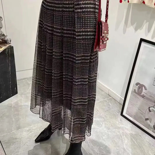 Women's Plaid Mesh Long Skirt