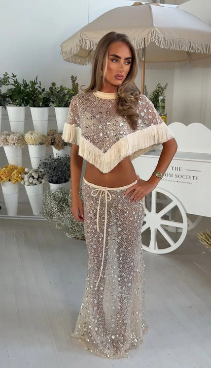 Women Sequin Mesh Tassel Fringe 2 Piece Outfit Short Sleeve Crop Top Drawstring Flare Pants Beach Cover Set Festival Outfit