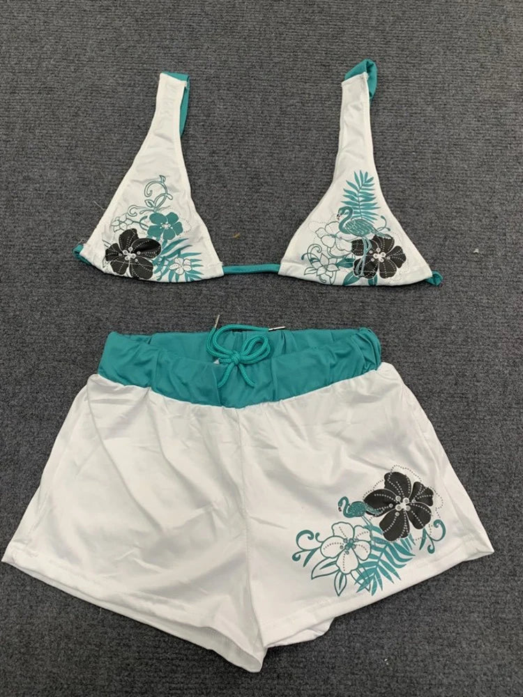 Y2K Summer Dopamine Contrast Sexy Beach Vacation Bikini Suit Spice Girl Strap Flower Print Navel Split Two Piece Shorts Bra Suit