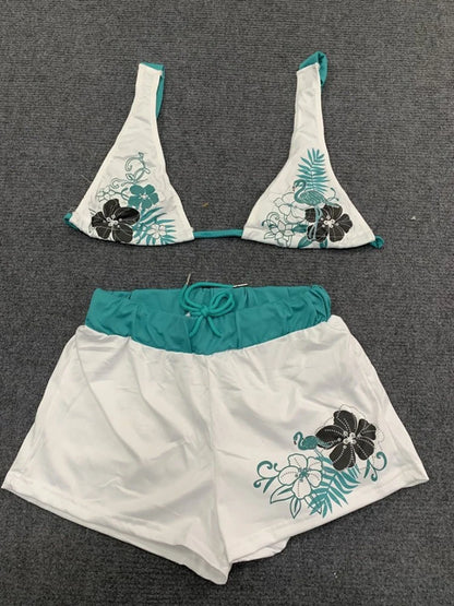 Y2K Summer Dopamine Contrast Sexy Beach Vacation Bikini Suit Spice Girl Strap Flower Print Navel Split Two Piece Shorts Bra Suit