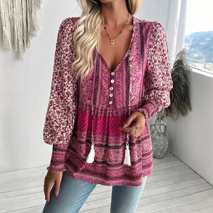 Boho lnspired Pink Floral Blouse Women V-neck Tassel Long Sleeve Bohemian Women Tops New Summer Fashion  Blouse Shirt For Women