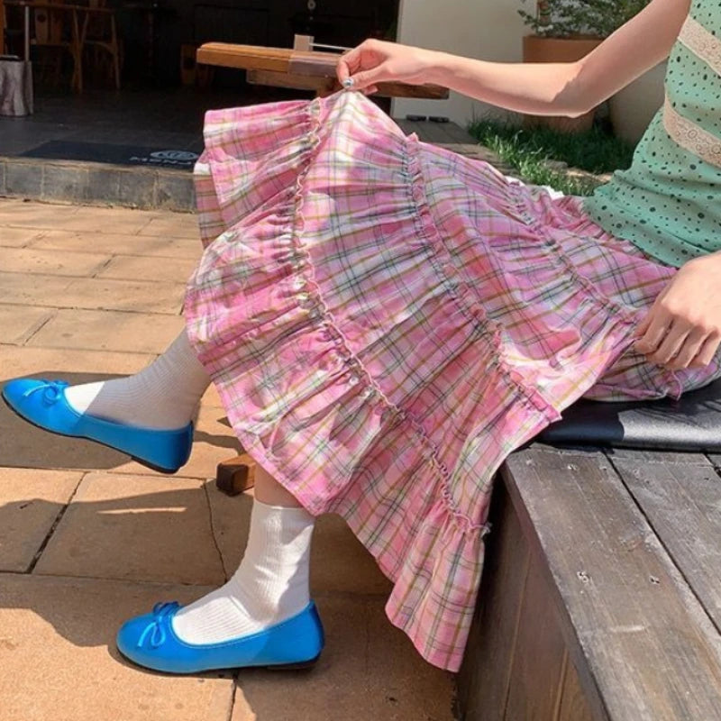 Korean Style Fashion Vinntage Y2K Pink Plaid Ruffle A-Line Midi Skirt Summer Sweet Kawaii Cute High Waist Long Skirts for Women