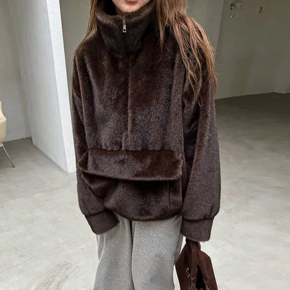 Women's Brown Faux Fur Coat With Hood Oversized Luxurious Long Sleeve Pocket Jacket Lady 2025 Fall Winter Chic Street Outerwear