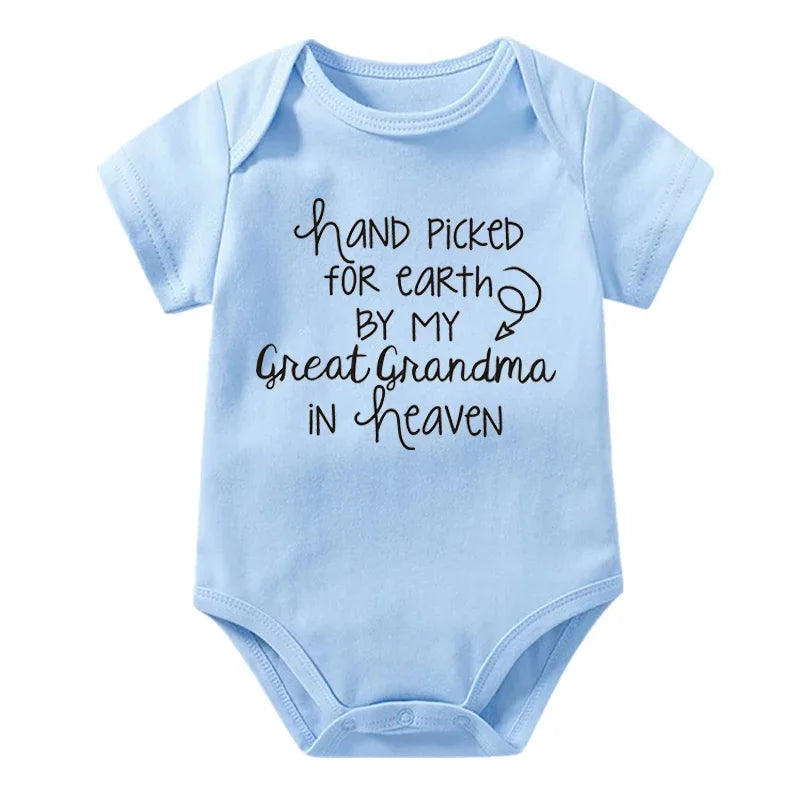 Hand Picked For Earth By My Great Grandma In Heaven Baby Summer Bodysuits Cotton Newborn Jumpsuit Short Sleeve Body Baby Outfits