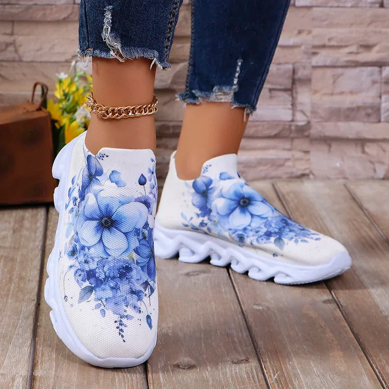 Fashion Printed Women's Running Sneakers Plus Size Knitted Breathable Mesh Casual Shoes Woman Comfortable Non Slip Walking Flats