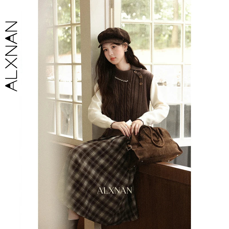 ALXNAN Women's Mid-Length Skirt 2026 Plaid Color-block Design Flared High-waisted Silhouette Slim-fit Casual A-Line Skirt L57735