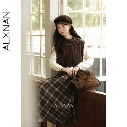 ALXNAN Women's Mid-Length Skirt 2026 Plaid Color-block Design Flared High-waisted Silhouette Slim-fit Casual A-Line Skirt L57735