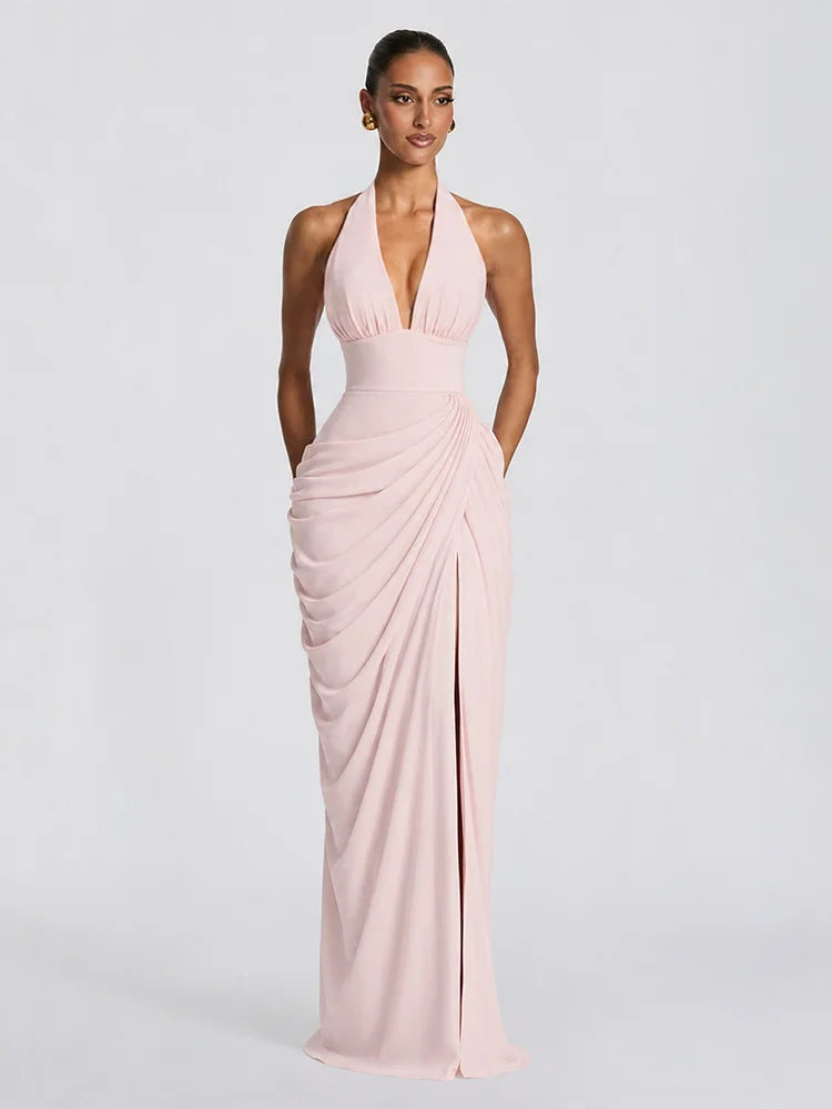 Sexy Solid Pleated Halter Dress Women Fashion Sleeveless Backless Waist-cinching Split Maxi Dresses 2026 Summer Lady Party Gowns