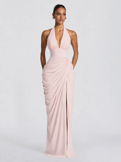 Sexy Solid Pleated Halter Dress Women Fashion Sleeveless Backless Waist-cinching Split Maxi Dresses 2026 Summer Lady Party Gowns