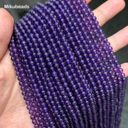Wholesal Natural 4mm 3A Amethyst Quartz Crystal Smooth Round Stone Loose Beads For Making Jewelry DIY Necklace Strand 15"