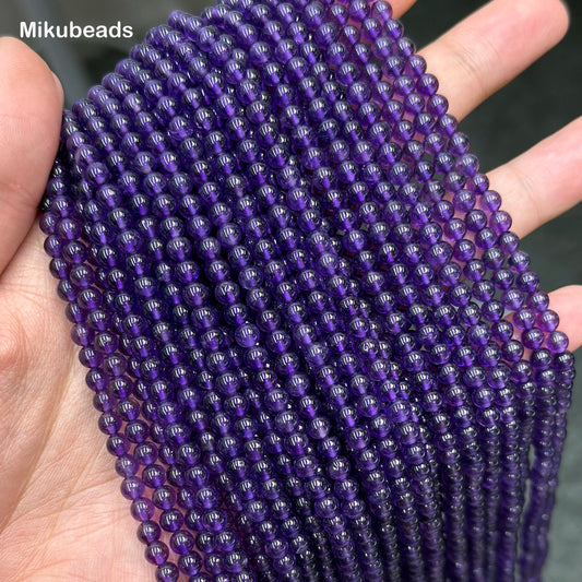 Wholesal Natural 4mm 3A Amethyst Quartz Crystal Smooth Round Stone Loose Beads For Making Jewelry DIY Necklace Strand 15"