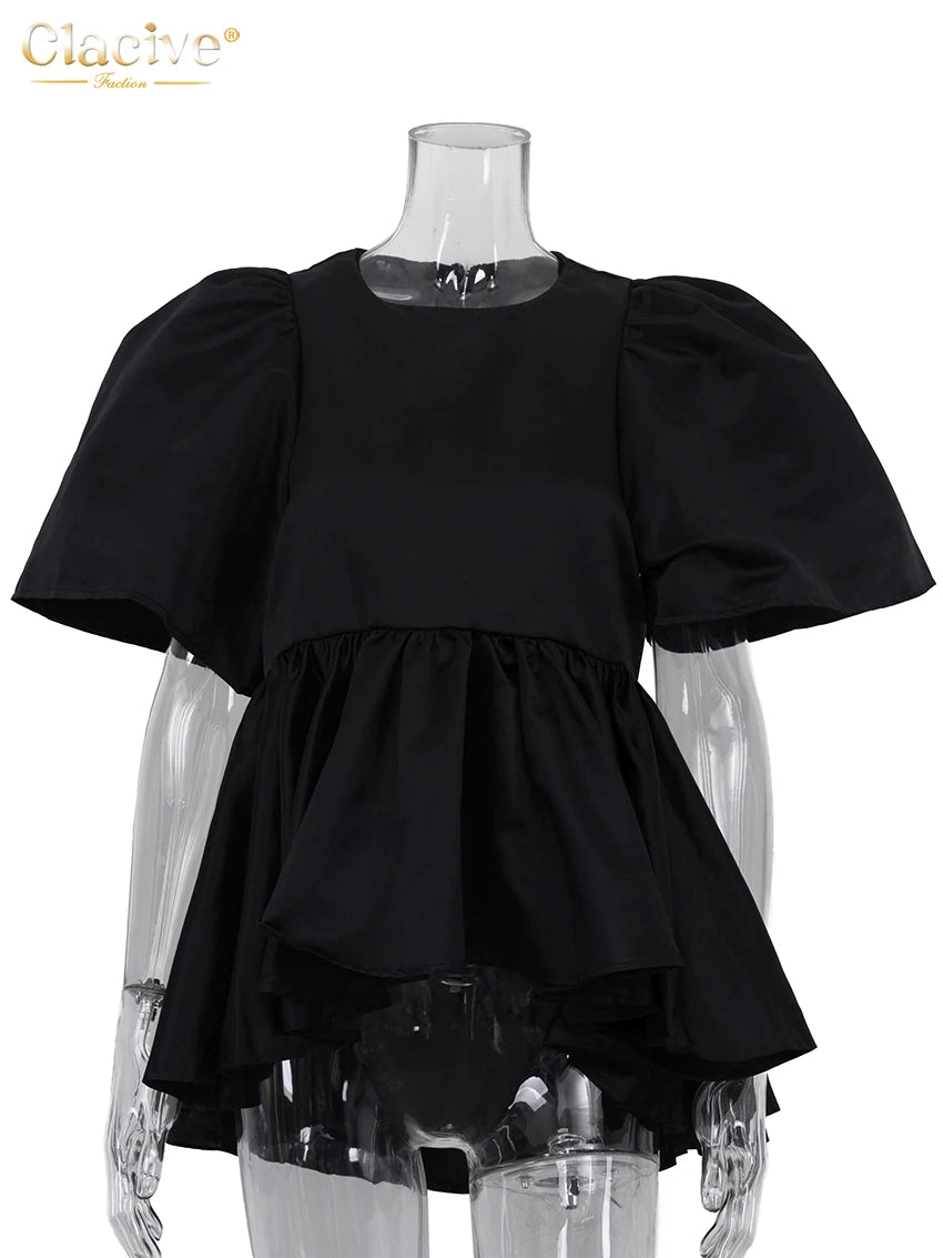 Clacive Fashion Loose Black Satin Women's T Shirt 2026 Summer O-Neck Short Sleeve T-Shirts Elegant Classic Top Female Clothing
