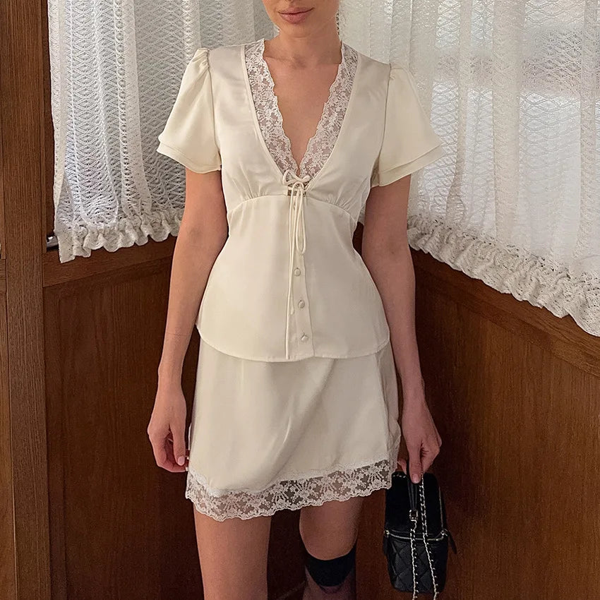 Elegant Lace Patchwork Satin 2 Piece Set Women Solid V-Neck Short Sleeve Top Mini Skirt Suit 2026 Summer Casual Daily Streetwear