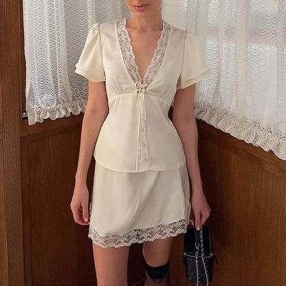 Elegant Lace Patchwork Satin 2 Piece Set Women Solid V-Neck Short Sleeve Top Mini Skirt Suit 2026 Summer Casual Daily Streetwear