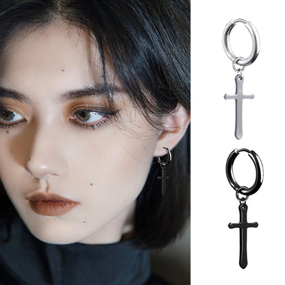 2PC Punk stainless steel Small Hoop Earrings for Men and Women Gothic Cross Ear Ring Pop Hip Hop Piercing Ear studs Jewelry