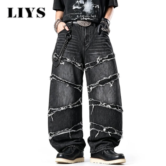 LIYS Men's Gothic Baggy Jeans Raw Frayed Edge Deconstructed Patchwork Wide Leg Denim Pants Y2K Punk Streetwear Trousers ﻿