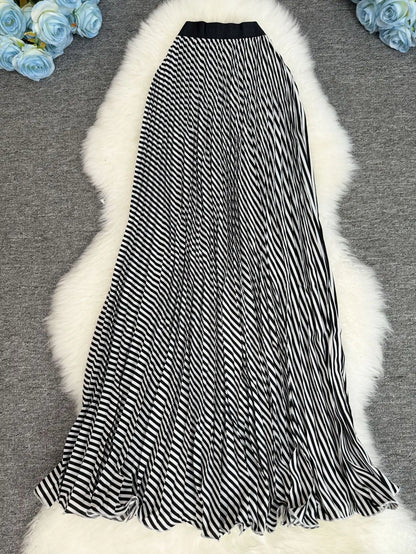 Polka Dot Print High Elegant A-line Pleated Long Skirt For Women 2025 Spring autumn Office Lady Casual Leopard Skirts
