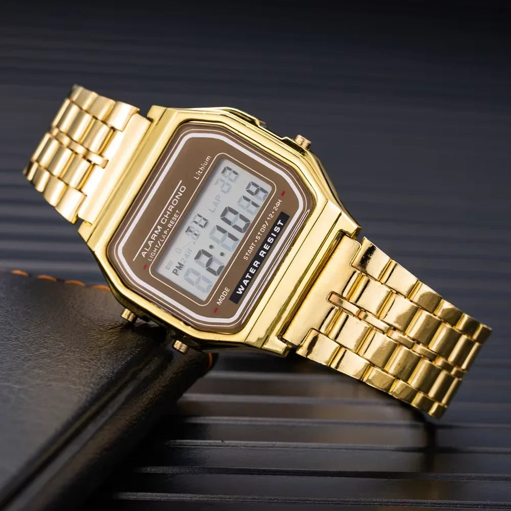 LED electronic watch with steel strip, small square, Harajuku style multifunctional watch