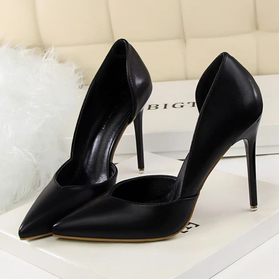 Summer Women 10.5cm High Heels Leather Pumps Female Escarpins Elegant Sweet Yellow Pink Stiletto Lady Wedding Heels Hollow Shoes